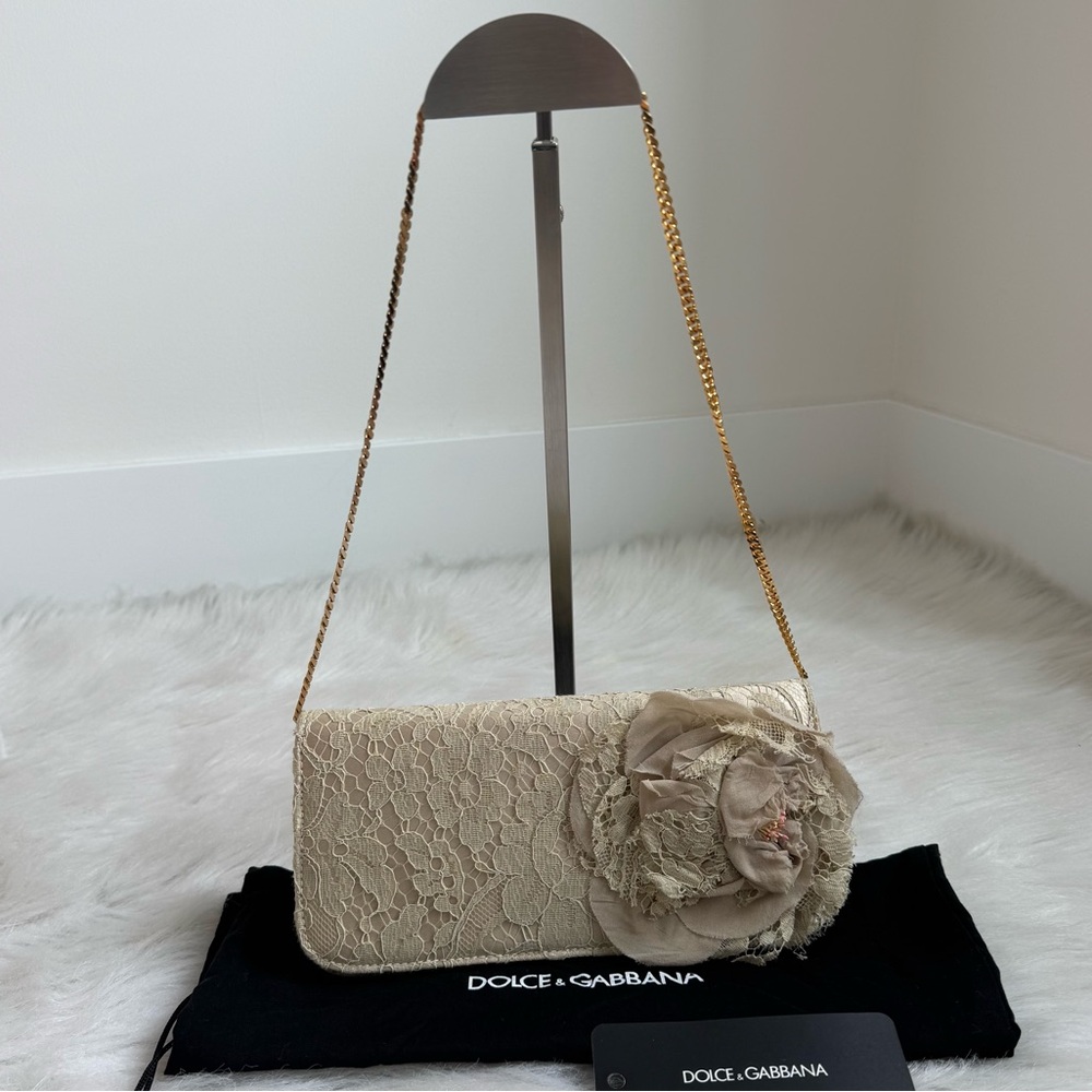 Authentic vintage lace floral beige dolce&gabbana evening chain clutch bag